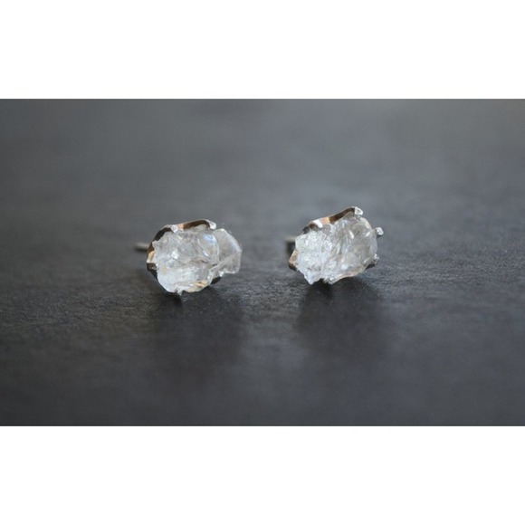 Sterling silver stud earrings, alternative diamond, uncut natural gemsto… - Picture 2 of 5